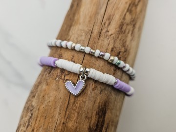 Set van 2 armbandjes - Paars hartje