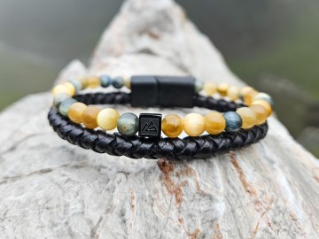 Herenarmband leer en natuursteen 14